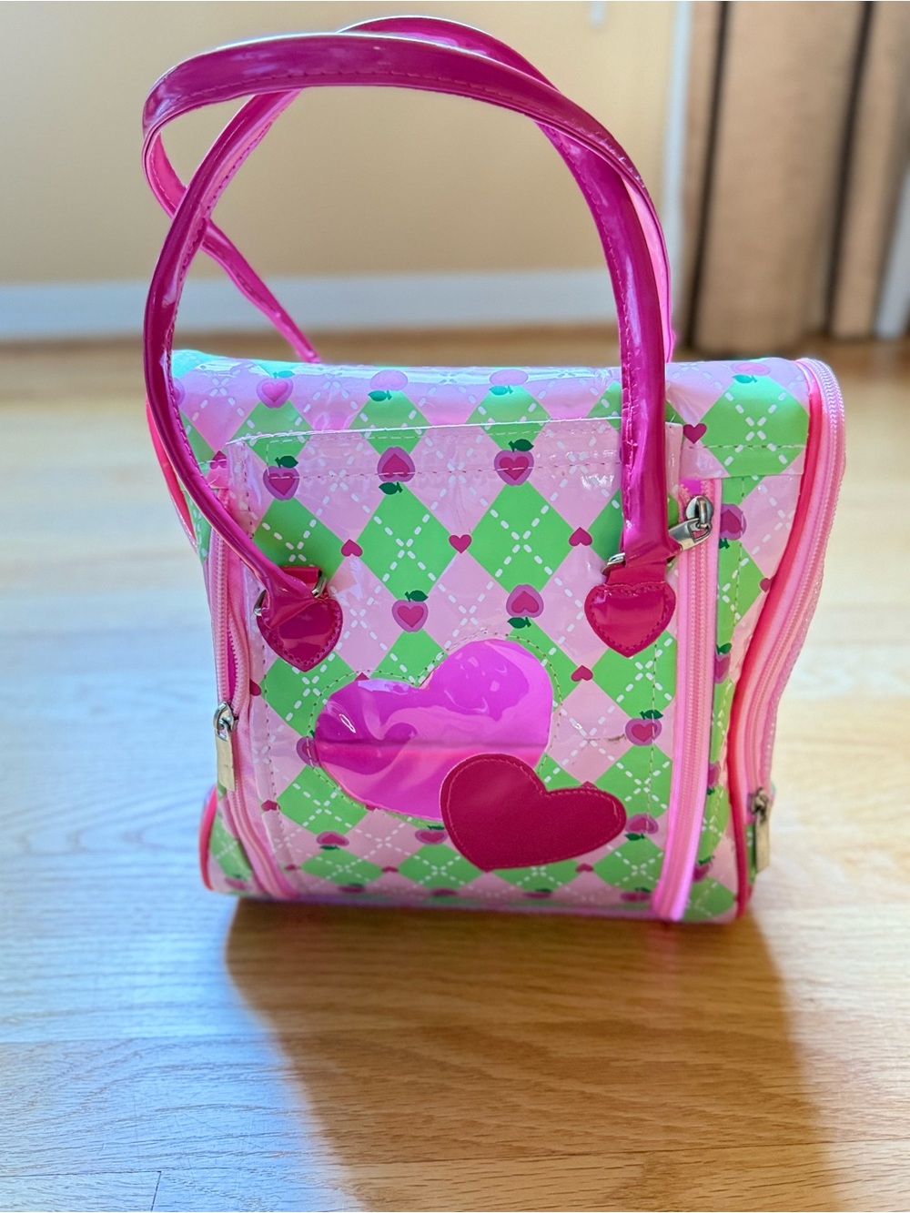 Pink & Green Heart Pattern toy pet carrier tote or purse. - Picture 5 of 7